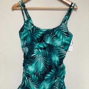 NWT Thyme Maternity Green Palm Print Ruched Swim Tankini Size M Tropical Leaves